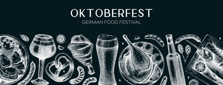 German food background on chalkboard. Oktoberfest menu design. Vector meat dishes sketches. German cuisine banner in vintage style. Traditional Food festival illustration. Beer hand drawing